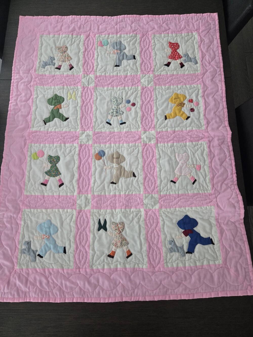 Handmade Pink Applique Kids Quilt - Pink Multicolor Walking Figures